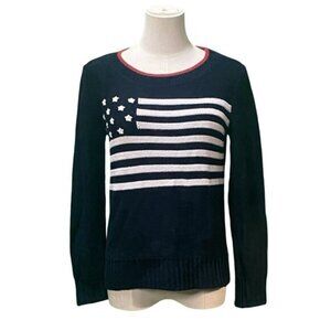Talbots Petites Navy Blue Cotton Blend Flag Print Pullover Sweater Size S/P
